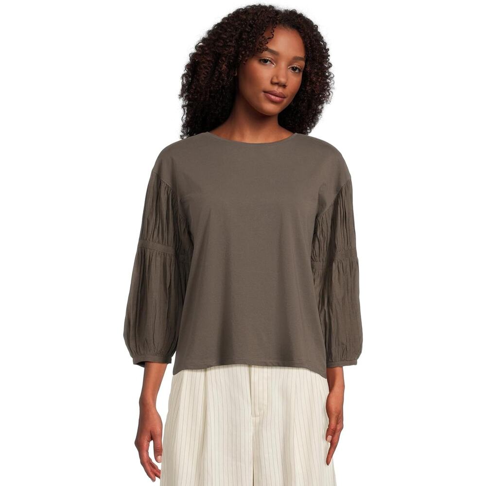 Madewell Femme Woven Mixy Top Womens L Grayish Brown Long Sleeve NU849 Crewneck